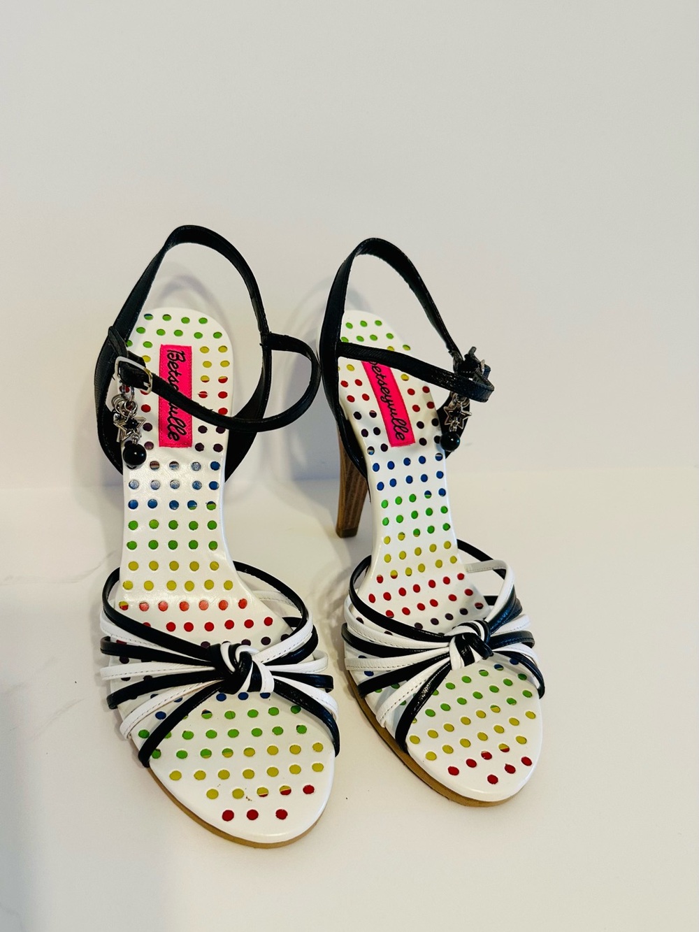 Betseyville Betsy JohnsonBlack & White Polka Dot Strappy Heels with Rainbow Dots